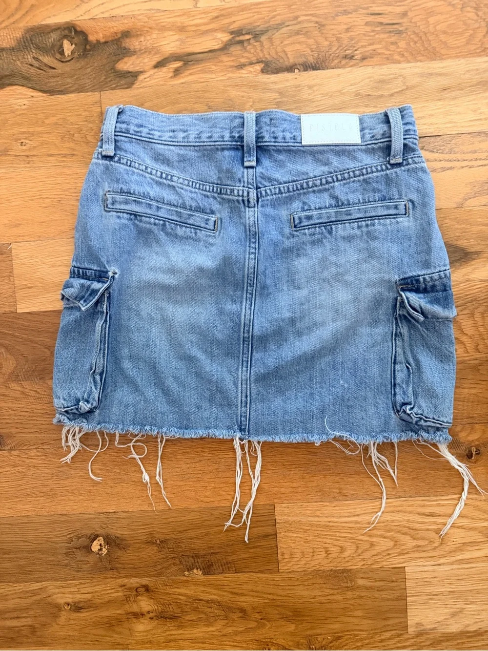 pistola Distressed Light Blue Denim Cargo Mini Skirt